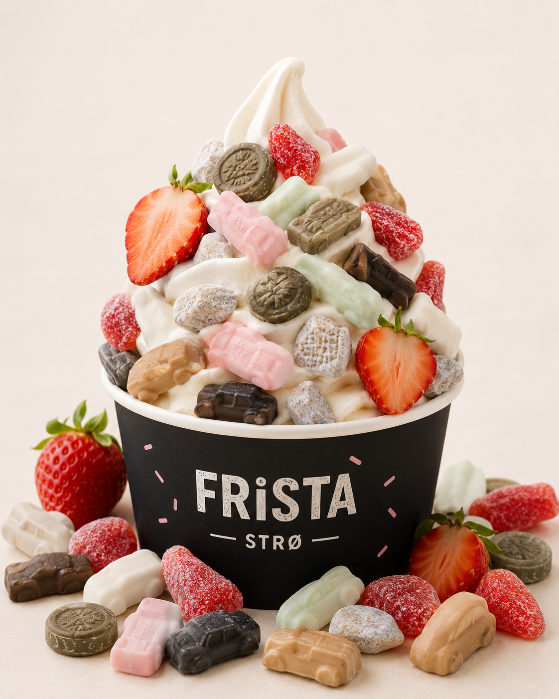 Frista Strø — softis med smågodt-strøssel og jordbær